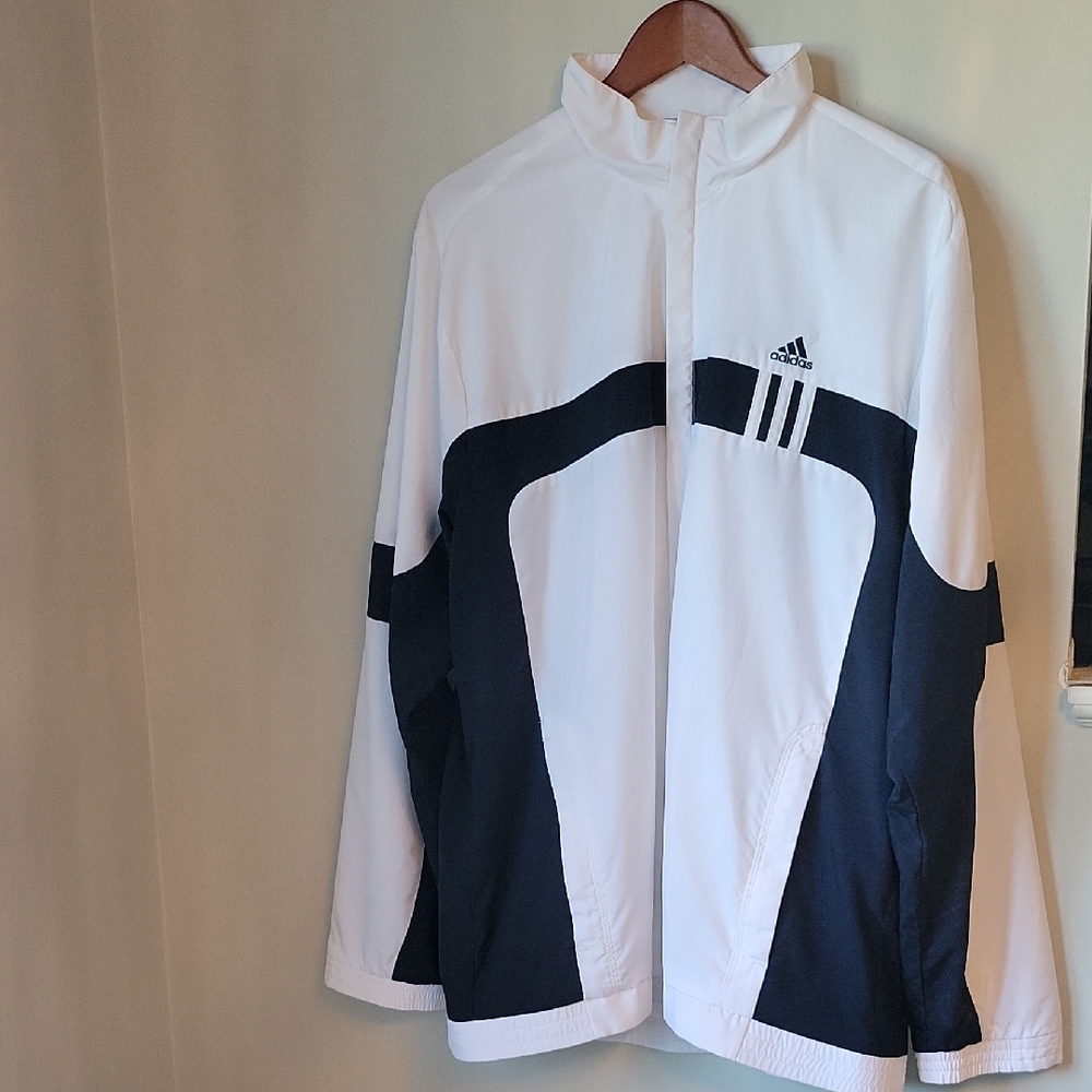 Vintage Adidas White & Black Windbreaker Jacket (Men’s L, Runs Big)